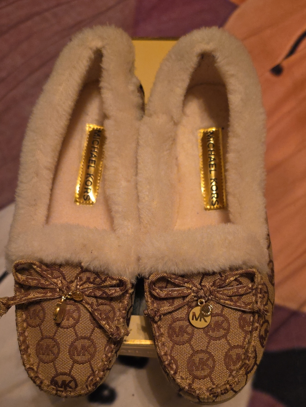 Michael Kors Tan Logo Moccasin Slippers with Gold Accents Size 8